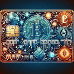 An illustration of a credit card intertwined with digital cryptocurrency symbols, representing financial innovation and technology.