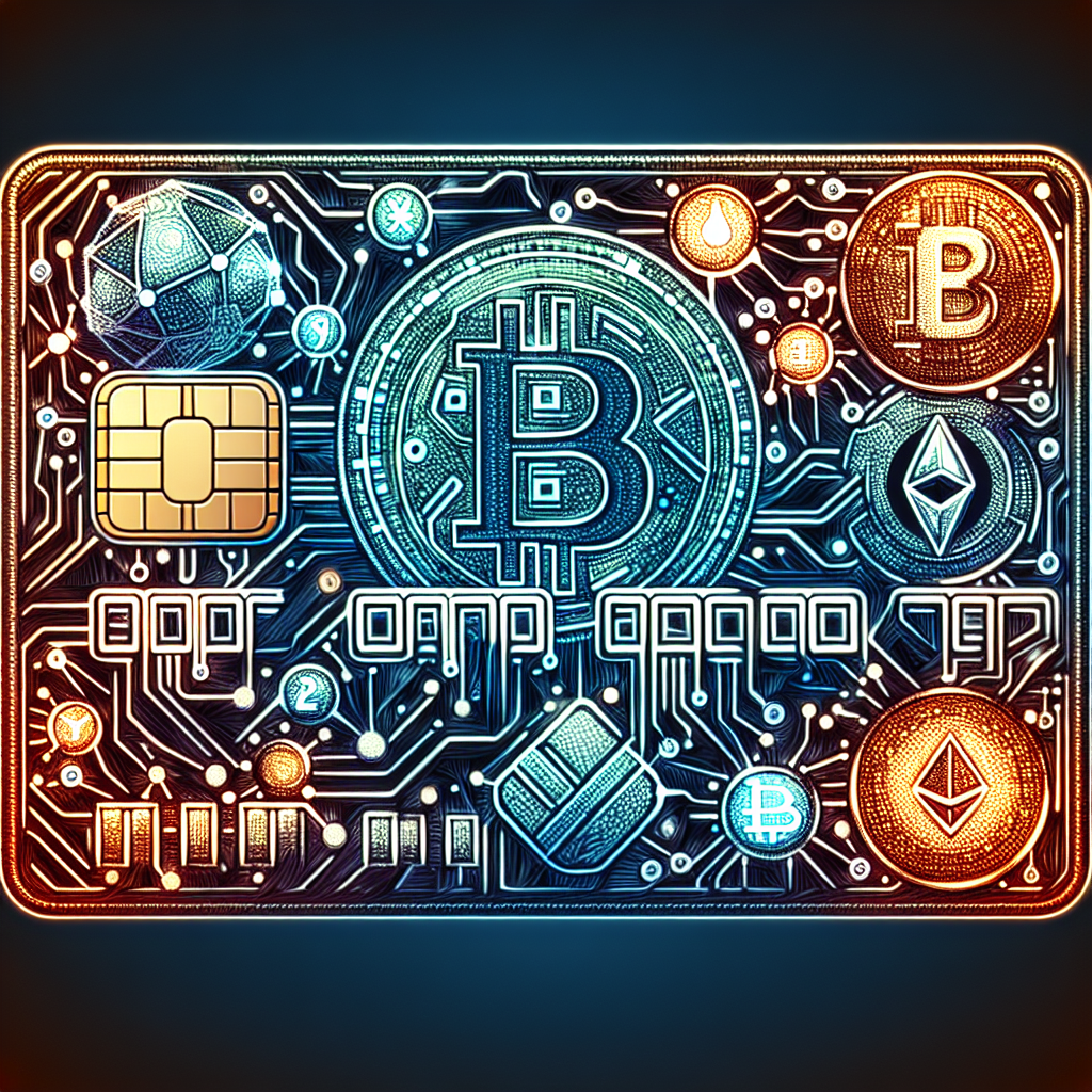 An illustration of a credit card intertwined with digital cryptocurrency symbols, representing financial innovation and technology.