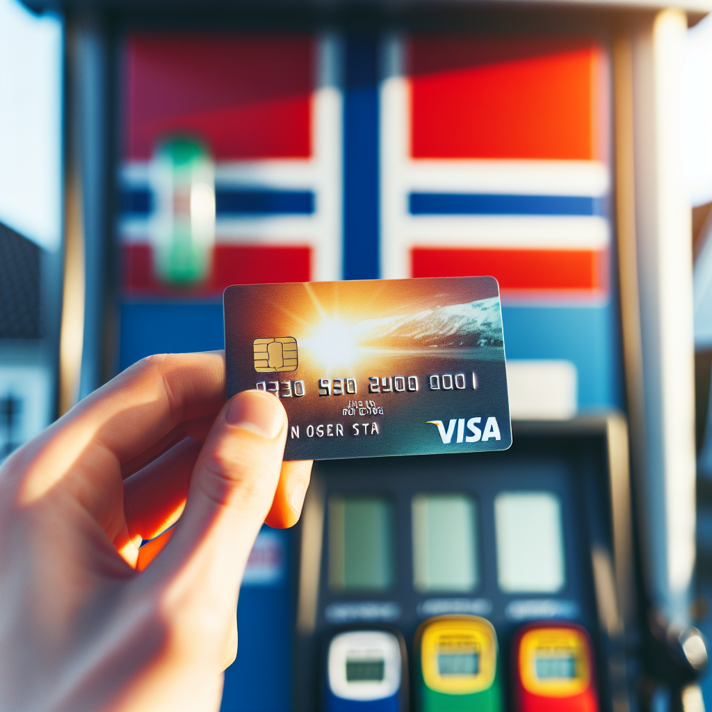 Nærbilde av et YX Visa-kort holdt over en bensinpumpe med fokus på kortet, mykt lys, moderne stil, norske farger i bakgrunnen