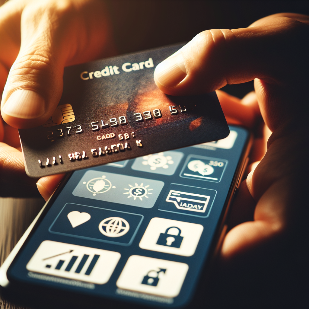 Nærbilde av et kredittkort, hånd som holder kortet over en smarttelefon med økonomi-apper, varm og profesjonell belysning