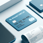 Minimalistisk bilde av et blått Visa-kort uten årsavgift, plassert på et bord med mobiltelefon og kvittering, moderne og profesjonell stil