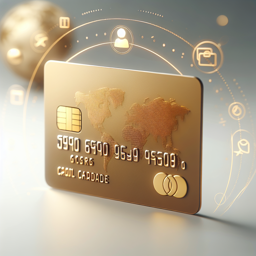 Et stilrent nærbilde av et gullfarget kredittkort på en minimalistisk bakgrunn, med reise- og økonomiikoner i svak bakgrunn