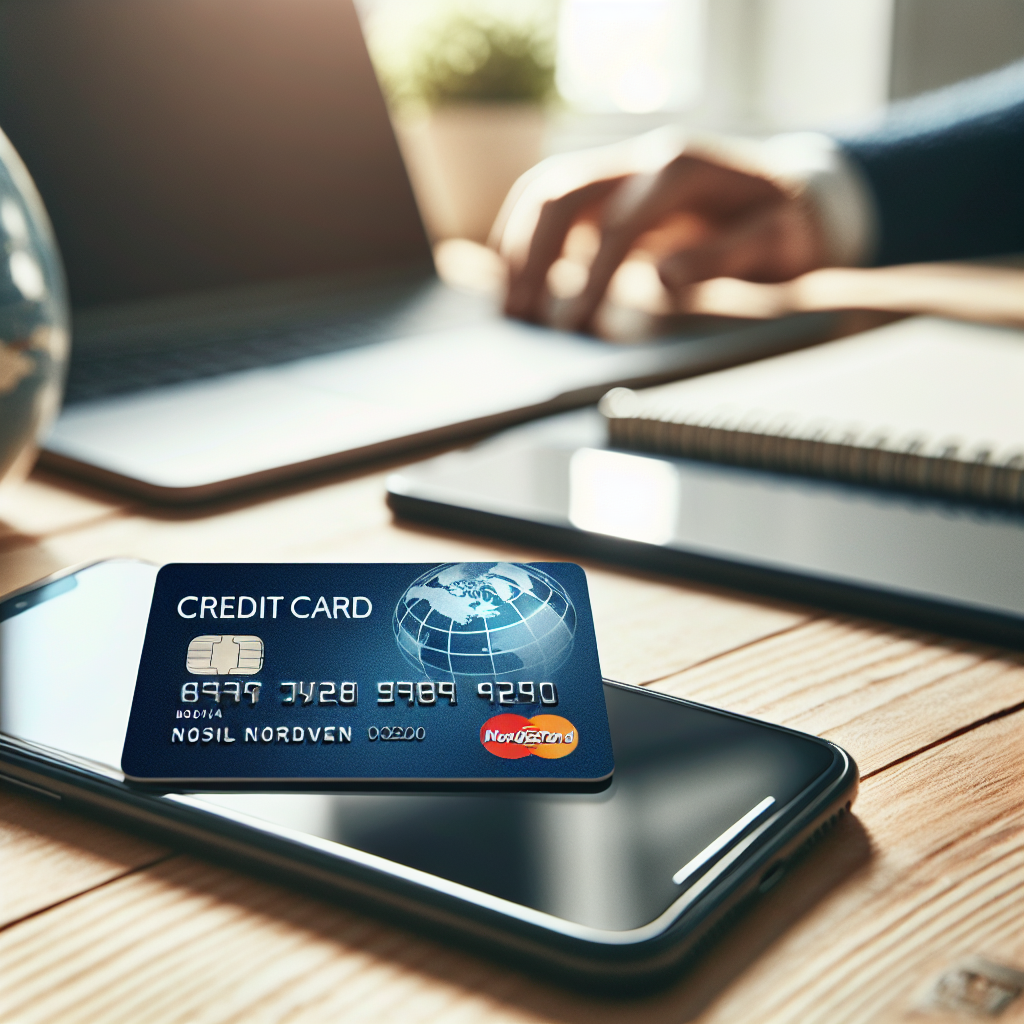 Nærbilde av et Komplett MasterCard kredittkort på et skrivebord med laptop og mobil i bakgrunnen, moderne og profesjonelt, norsk kontekst