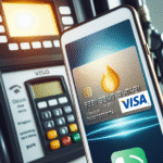 Nærbilde av et YX Visa-kort ved en bensinpumpe, moderne og trygt utseende, klart lys, mobilapp-ikon i bakgrunnen