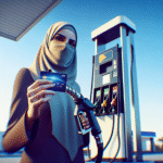 Nærbilde av en person ved en bensinstasjon som holder et kredittkort og fyller drivstoff, moderne stil, klar himmel, fokus på kortet og pumpen