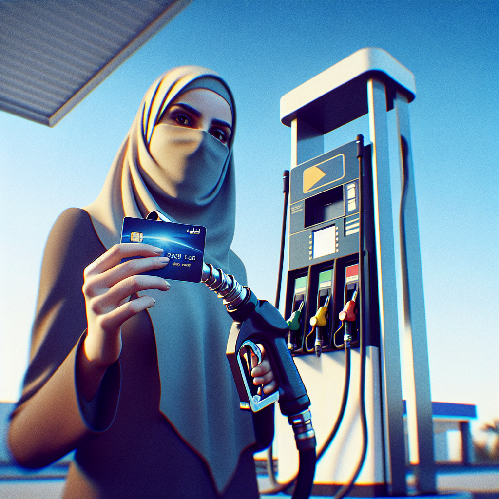 Nærbilde av en person ved en bensinstasjon som holder et kredittkort og fyller drivstoff, moderne stil, klar himmel, fokus på kortet og pumpen