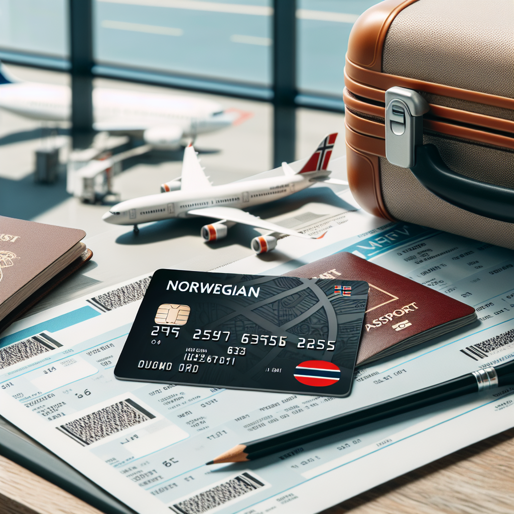 Et moderne Norwegian-kort liggende på et boardingkort ved en flyplass, med reiseelementer som koffert og pass i bakgrunnen, ren og profesjonell stil