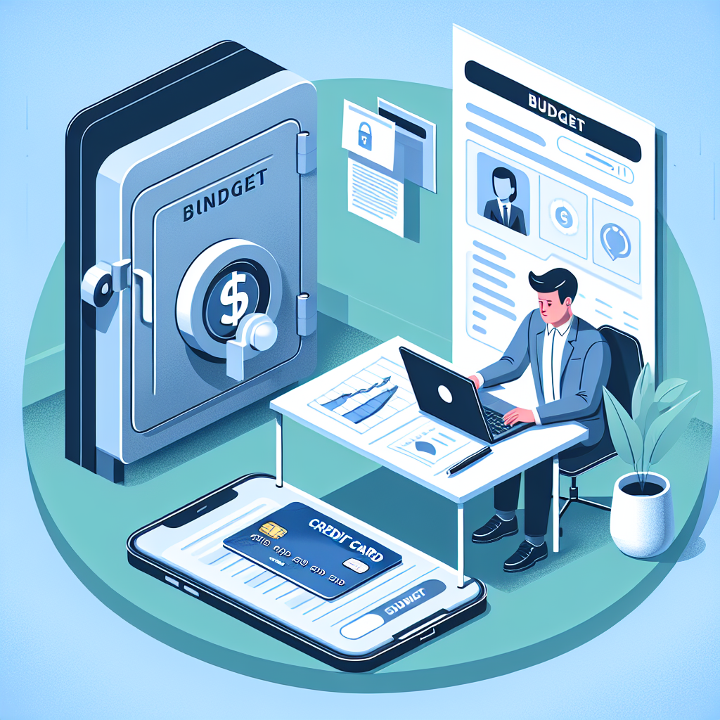 En moderne, ryddig illustrasjon av økonomisk kontroll: en person ved skrivebord med bankkort, mobilbank på skjerm, budsjettdokumenter, og en trygg lukkebrikk eller hvelv i bakgrunnen