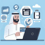 Illustrasjon av en person som sammenligner kredittkort på en bærbar PC, med ikoner for sikkerhet, reiseforsikring og sparing, i en moderne, ren stil