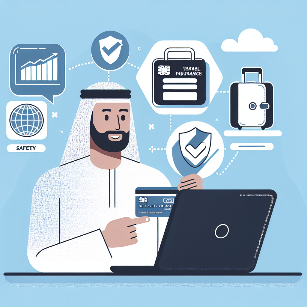 Illustrasjon av en person som sammenligner kredittkort på en bærbar PC, med ikoner for sikkerhet, reiseforsikring og sparing, i en moderne, ren stil