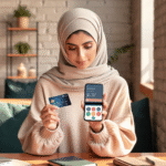 Bilde av en person som trygt bruker et kredittkort via mobil lommebok, nøytralt og moderne fargepalett, fokus på sikkerhet og hverdagsbruk