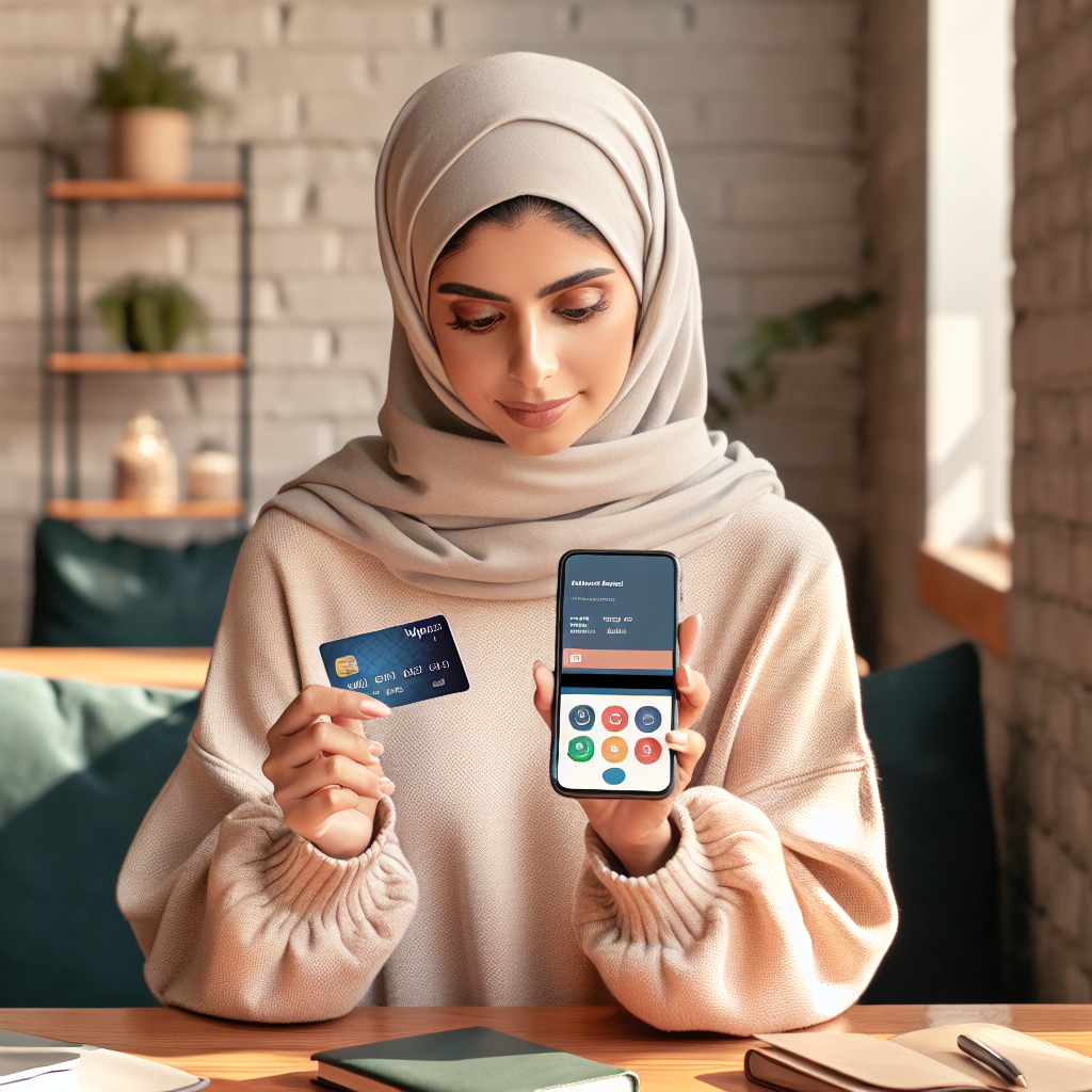 Bilde av en person som trygt bruker et kredittkort via mobil lommebok, nøytralt og moderne fargepalett, fokus på sikkerhet og hverdagsbruk