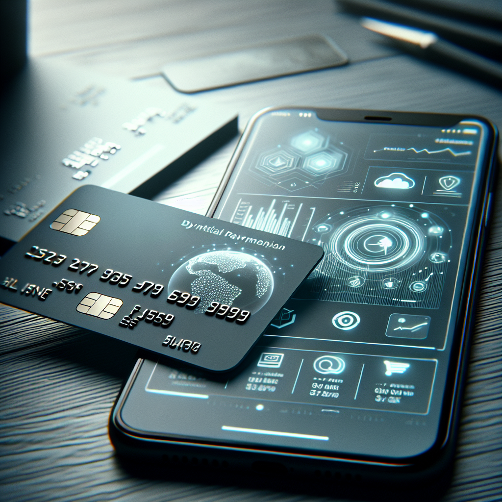 Nærbilde av et moderne kredittkort og en mobiltelefon med økonomiapp, nøkterne farger, nordisk stil, fokus på trygg digital betaling