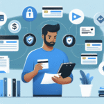 Illustrasjon av en person som vurderer kredittkortalternativer med notater og ikoniske symboler for sikkerhet, kostnader og fordeler, i en moderne flat design