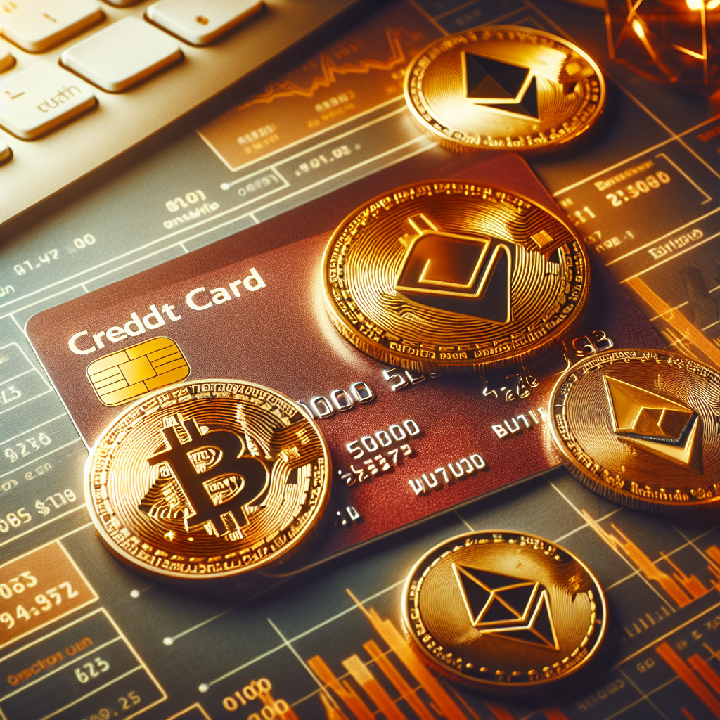 Nærbilde av et moderne kredittkort og digitale kryptomynter (Bitcoin, Ethereum) på et bord, varme farger, teknologisk og profesjonelt uttrykk
