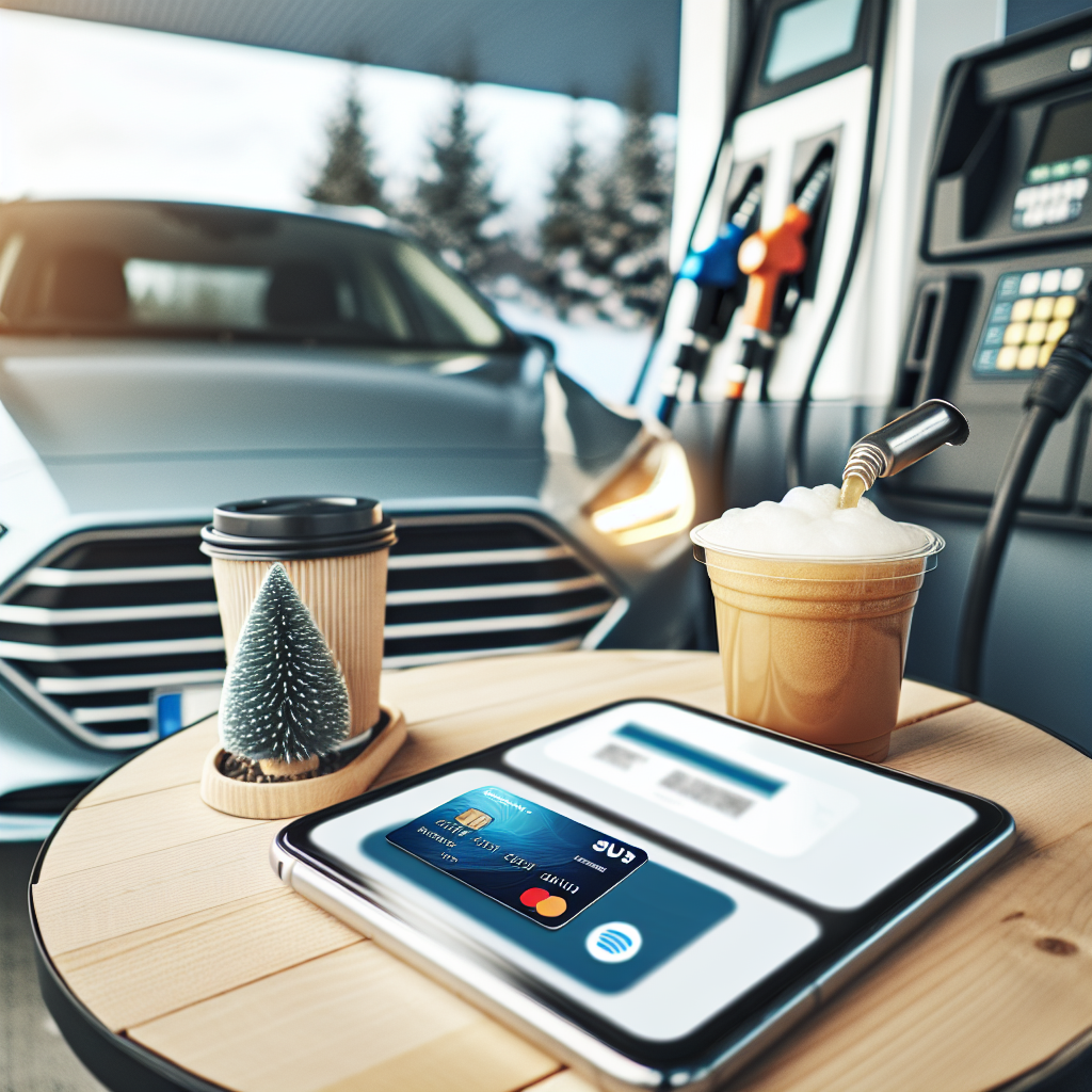 Nærbilde av bil som fyller drivstoff ved pumpen med kredittkort og mobilapp i forgrunnen, moderne nordisk stil, lys og innbydende