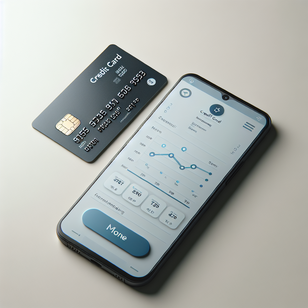 Nært bilde av et Flexi Visa-kredittkort liggende ved siden av en smarttelefon som viser en økonomiapp, nøytral lys bakgrunn, moderne og profesjonell stil